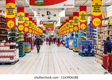 MADRID, SPAIN - 26 MARCH, 2018: Large Food Supermarket With Customers And Products And Staff. 