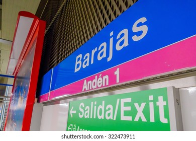 MADRID, SPAIN- 8 AUGUST, 2015: Signs of location and emergency exit at the train station Barajas Airport..