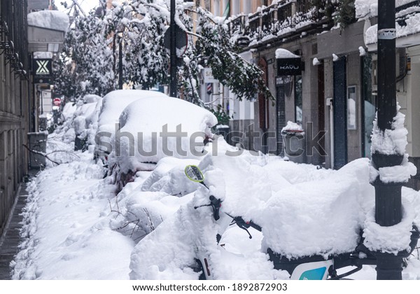 Madrid, Spain -\
9th January 2021: During the weekend of January 9, 2021, the sky\
broke and covered the city of Madrid with a beautiful white color,\
never seen before since the 50\'s.\
