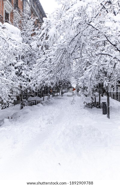 Madrid, Spain - 9th January\
2021: During the weekend of January 9, 2021, the sky broke and\
covered the city of Madrid with a beautiful white color, never seen\
before!