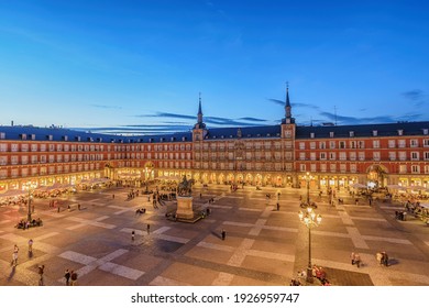 Madrid Spain, Aerial View Night City Skyline At Plaza Mayor