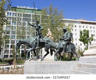 Madrid, Spain - Apr, 22, 2022: Statues of Don Quixote and Sancho Panza at the Plaza de Espana in Madrid, Spain.