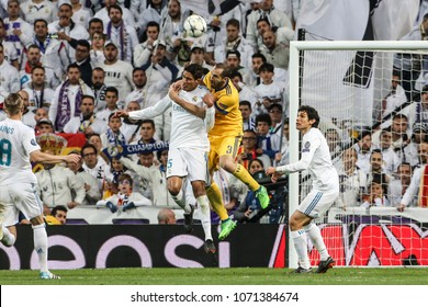 Madrid, Spain. April 11, 2018. UEFA Champions League. Real Madrid - Juventus 1-3. Giorgio Chiellini, Juventus, And Varane, Real Madrid.