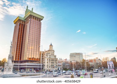 MADRID, SPAIN - APRIL 14: View Financial Buildings In The Plaza De ColÃ³n On April 14, 2016 In Madrid, Spain.