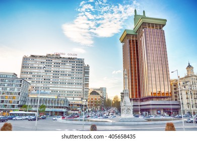 MADRID, SPAIN - APRIL 14: View Financial Buildings In The Plaza De ColÃ³n On April 14, 2016 In Madrid, Spain.