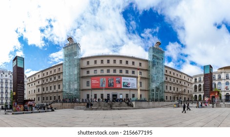 Madrid, Spain - April, 2022: A Panorama Picture Of The Museo Nacional Centro De Arte Reina Sofía's Main Facade With Visitors Queuing Up.