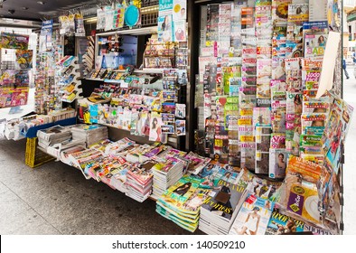 MADRID, SPAIN - APRIL 26: News Stands In April 26, 2013 In Madrid, Spain. Outdoor Stands With Newspapers And Magazines At City Street 