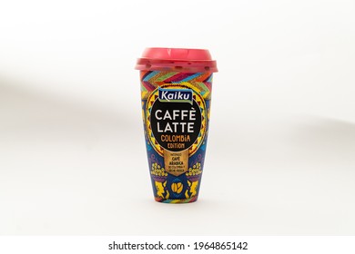 Madrid Spain. April 28, 2021. Horizontal Shot Of A Container Of Kaiku Special Edition Colombian Coffee Latte, Isolated On White Background