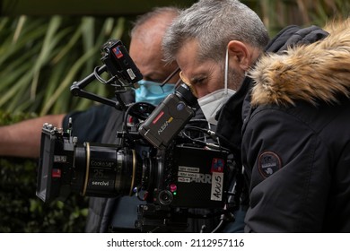 Madrid, Spain - April 29, 2021: A Man Operates An Arri Alexa Mini Digital Film Camera On The Street During The Filming Of An Advertisement