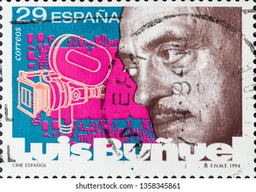 MADRID, SPAIN - APRIL 3, 2019. Vintage Stamp Printed In Spain Shows Luis Buñuel. Buñuel Was A Spanish Filmmaker