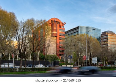 Madrid, Spain; April 9 2022:  European parliament in madrid. Embassy of Ireland in Spain. Bankunion building by the architects Corrales and Molezún. Paseo de la Castellana 46. 