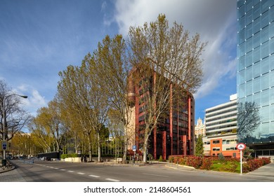 Madrid, Spain; April 9 2022:  European parliament in madrid. Embassy of Ireland in Spain. Bankunion building by the architects Corrales and Molezún. Paseo de la Castellana 46. 