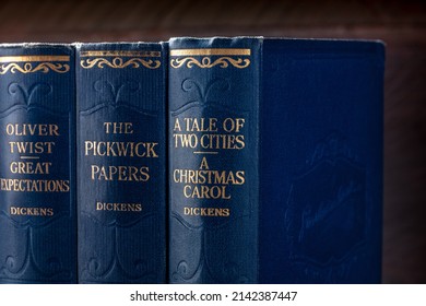 Madrid, Spain - August 11, 2021: The Complete Works By Charles Dickens, Including A Christmas Carol, The Pickwick Papers, And Oliver Twist, On A Bookshelf