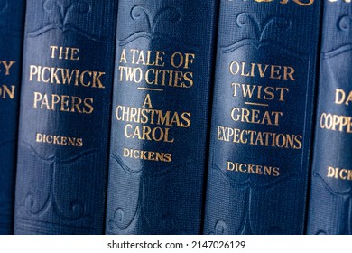 Madrid, Spain - August 11, 2021: The Complete Works By Charles Dickens, Including A Christmas Carol, The Pickwick Papers, And Oliver Twist, On A Book Shelf