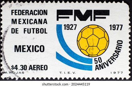 MADRID, SPAIN - AUGUST 13, 2021. Vintage Stamp Printed In Mexico Shows Mexican Football Federation (FEMEXFUT) (1927- 1977)