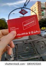 Madrid / Spain - August 24, 2020: Close Up On Metro Card On The Blurred Background Outside On The Street In Madrid, Spain