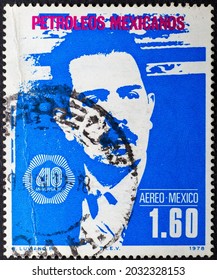 MADRID, SPAIN - AUGUST 28, 2021. Vintage Stamp Printed In Mexico Shows Lazaro Cardenas Del Rio (1895-1970), President Of Mexico From 1934 To 1940, For 40th Nationalization Of All Petroleum Reserves