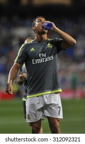 MADRID, SPAIN - August 29th, 2015 : Portuguese CRISTIANO RONALDO Of Real Madrid Drinking Water During The Warm Up Of  La Liga Match Vs Betis At Santiago Bernabeu Stadium