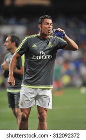 MADRID, SPAIN - August 29th, 2015 : Portuguese CRISTIANO RONALDO Of Real Madrid Drinking Water During The Warm Up Of  La Liga Match Vs Betis At Santiago Bernabeu Stadium