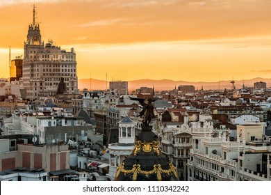 MADRID, SPAIN, August 30, 2012, Image Taken From The Roof Of The Círculo De Bellas Artes From Where You Can Appreciate Spectacular Views Of Madrid. Telephone And Metropolis Buildings