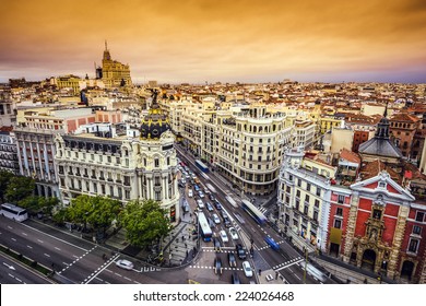 Madrid, Spain Cityscape Above Gran Via Shopping Street.