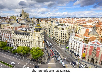 Madrid, Spain Cityscape Above Gran Via Shopping Street.