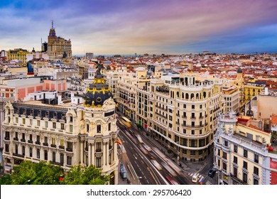 Madrid, Spain Cityscape Above Gran Via Shopping Street.