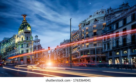 Madrid, Spain Cityscape At Calle De Alcala And Gran Via On Night And Trafic Light, Madrid