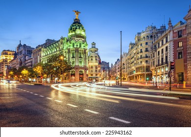 Madrid, Spain Cityscape On Gran Via At Twilight.