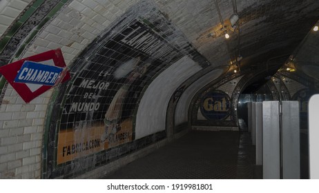 MADRID, SPAIN - Dec 02, 2019: Chamberi Station Closed Since 1966, It Was Designed By Antonio Palacios And After Decades Of Neglect, The Movie Barrio De Fernando Leon De Aranoa Brou