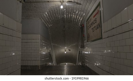 MADRID, SPAIN - Dec 02, 2019: Chamberi Station Closed Since 1966, It Was Designed By Antonio Palacios And After Decades Of Neglect, The Movie Barrio De Fernando Leon De Aranoa Brou