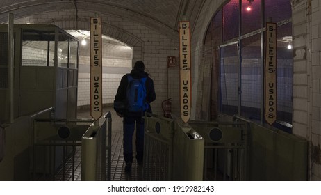 MADRID, SPAIN - Dec 02, 2019: Chamberi Station Closed Since 1966, It Was Designed By Antonio Palacios And After Decades Of Neglect, The Movie Barrio De Fernando Leon De Aranoa Brou