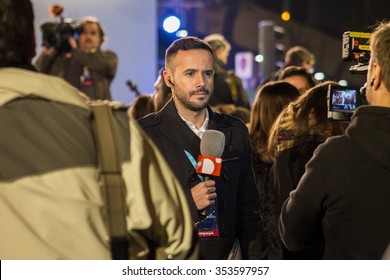 Madrid, Spain - December 20, 2015 - Local Reporter In Front Of Videocamera, Speaking About General Election Results In Madrid, Spain