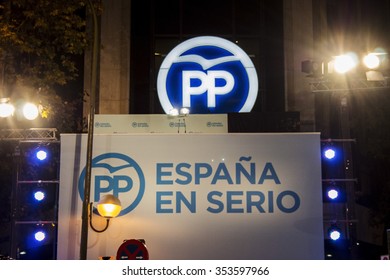 Madrid, Spain - December 20, 2015 -  Headquarters Of Conservative Party At Night, Before Mariano Rajoy's Speech After General Election Results, In Madrid, Spain