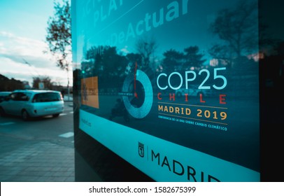 Madrid, Spain. December 2019: Climate Summit COP25 Ad On A Billboard In Puerta De San Vicente Square, Madrid. The Conference Is Designed To Take The Next Crucial Steps In The UN Climate Change Process