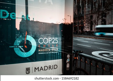 Madrid, Spain. December 2019: Climate Summit COP25 Ad On A Billboard In Alcala Street, Madrid. The Conference Is Designed To Take The Next Crucial Steps In The UN Climate Change Process.