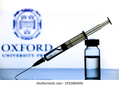 Madrid, Spain- February 23, 2021: Syringe And Vial With Covid-19 Vaccine And Oxford University Logo On White Background.