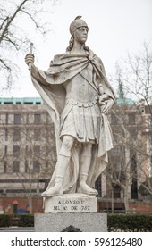 Madrid, Spain - February 26, 2017: Sculpture Of Alfonso I Of Asturias At Plaza De Oriente, Madrid. He Was Called The Catholic, Reigning From 739 To His Death In 757. 