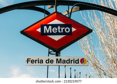 Madrid, Spain - February 27, 2022: Metro entrance at Feria de Madrid Ifema, the fair institution of Madrid.