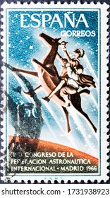 MADRID, SPAIN - FEBRUARY 9, 2020. Vintage Stamp Printed In Spain Shows International Astronautical Federation Congress In 1966 In Madrid (Spain)