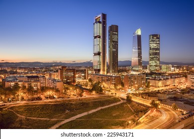 Madrid, Spain Financial District Skyline At Twilight.