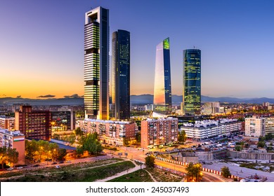 Madrid, Spain Financial District Skyline At Twilight.