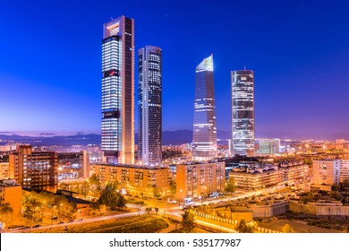 Madrid, Spain Financial District Skyline At Twilight.