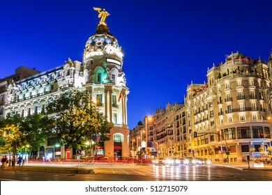 Madrid, Spain. Gran Via, Main Shopping Street At Dusk