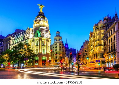 Madrid, Spain. Gran Via, Main Shopping Street At Dusk.