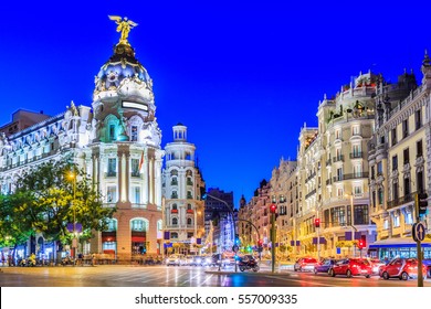 Madrid, Spain. Gran Via, main shopping street at twilight.