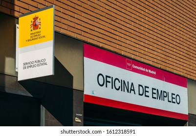 Madrid, Spain - Jan 11, 2020: Spanish Government Employment Office Sign And Facade In Madrid, Spain