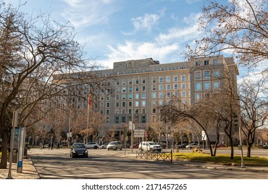 MADRID, SPAIN - Jan 18, 2022: Headquarters of the Ministry of Defence (MINISDEF), a department of the Government of Spain situated in Paseo de la Castellana, 109