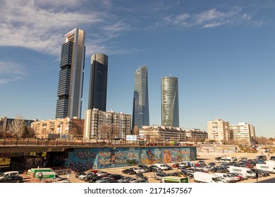 MADRID, SPAIN - Jan 18, 2022: The Cuatro Torres - Four Towers Business Area (CTBA), or Area de negocios Cuatro Torres (ANCA), in the Paseo de la Castellana in Chamartin