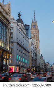 Madrid, Spain - Jan 24, 2016: Trafic On Gran Via Street, Main Shopping Street Of Madrid At Dusk On January The 24th In Madrid, Spain.